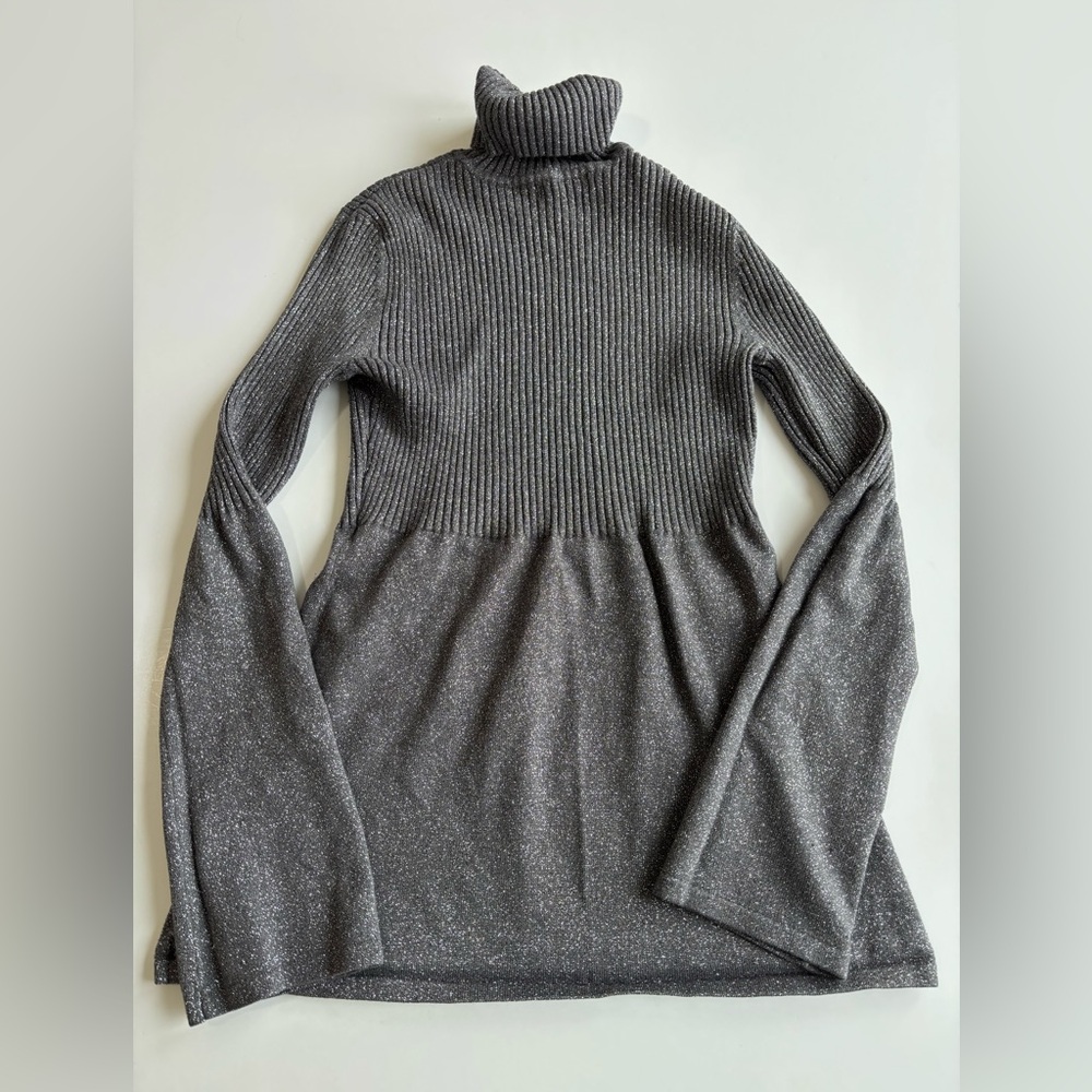 BN13 Willi Smith Glittery Charcoal Turtleneck Babydoll Blouse Bell Sleeve Small - Picture 4 of 6
